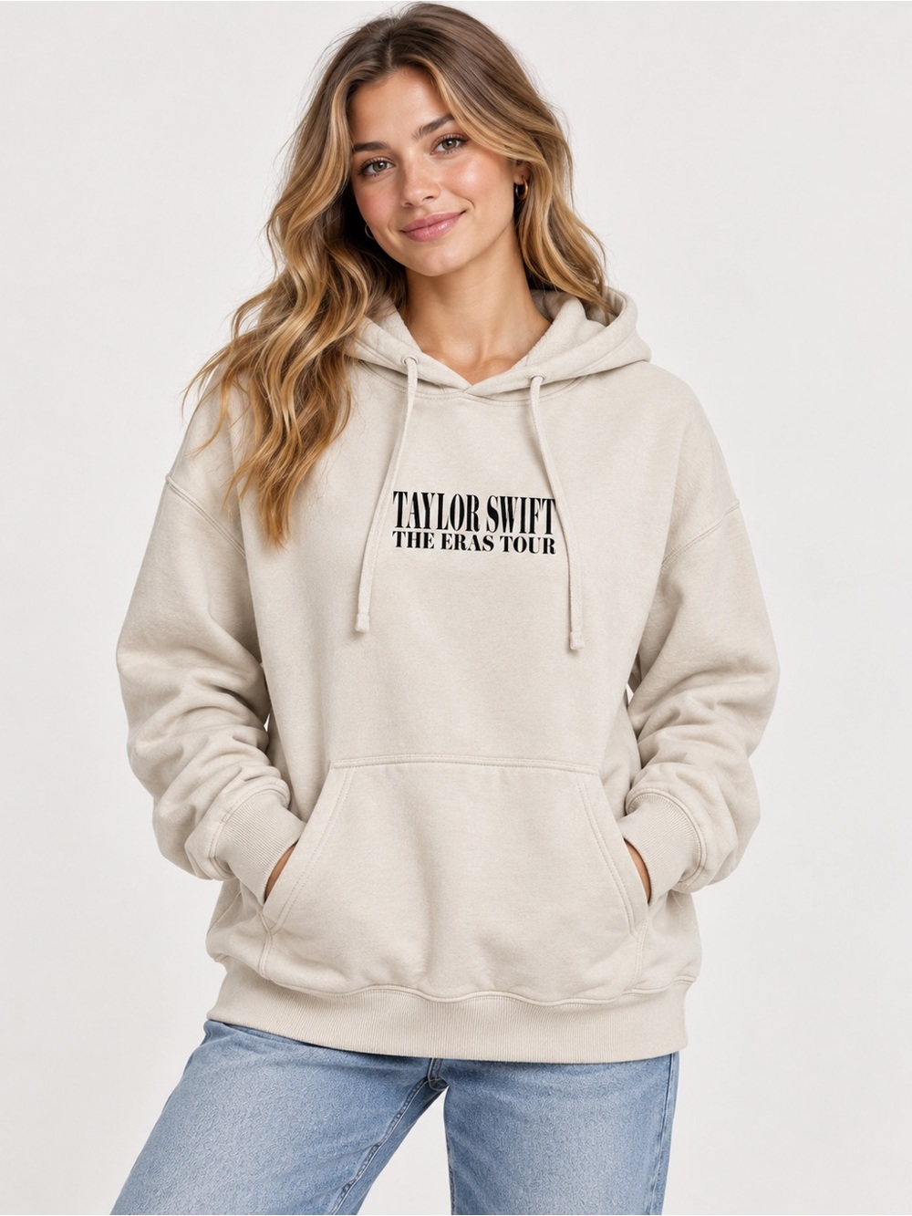 Taylor Swift Cream Pullover Hoodie with Black Logo Large